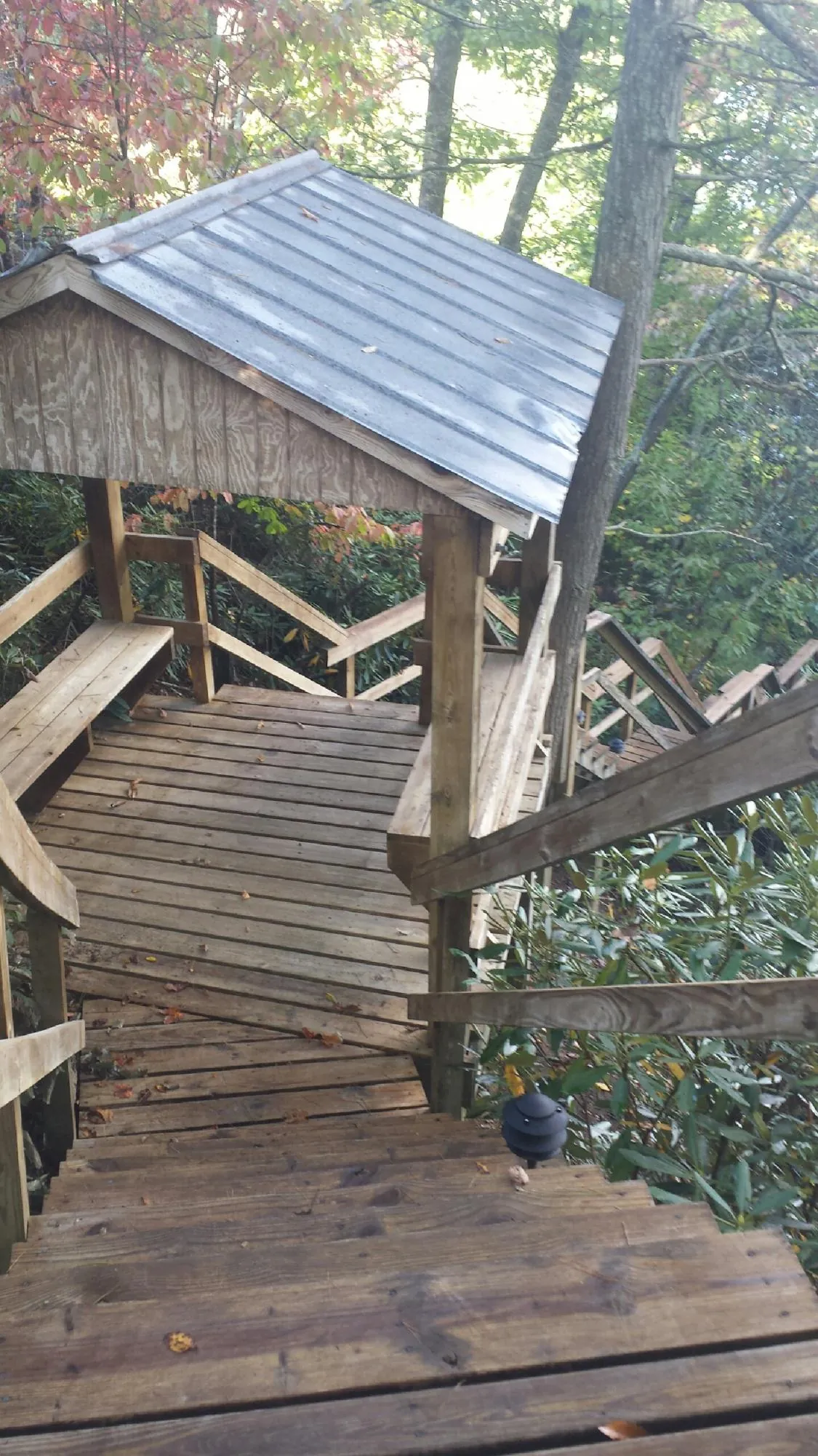Metal roofed shelter over wooden steps on a wooded walkway — Skylight Repair & Installation work by our crew in Wills Point